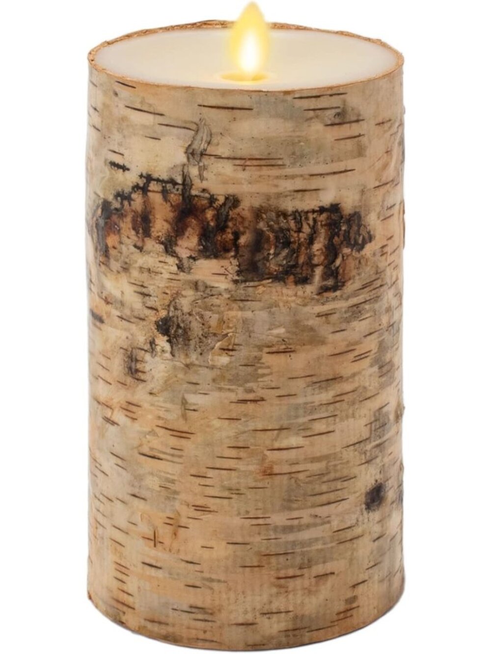 Realistic Moving Flame LED Pillar Candle with Birch Bark - Battery Operated